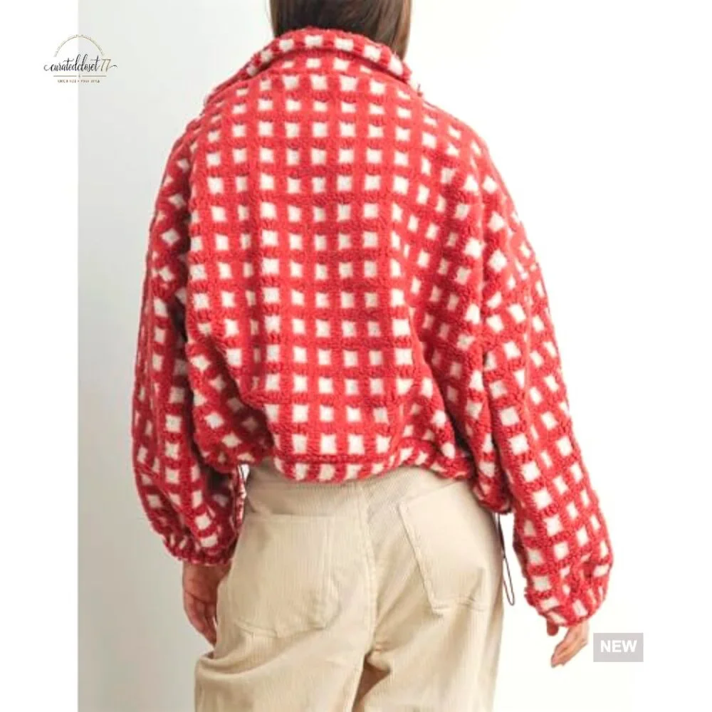 Cropped Sherpa Jacket Plaid Fleece Zip Up Casual Long Sleeve with Pockets - Picture 3 of 7